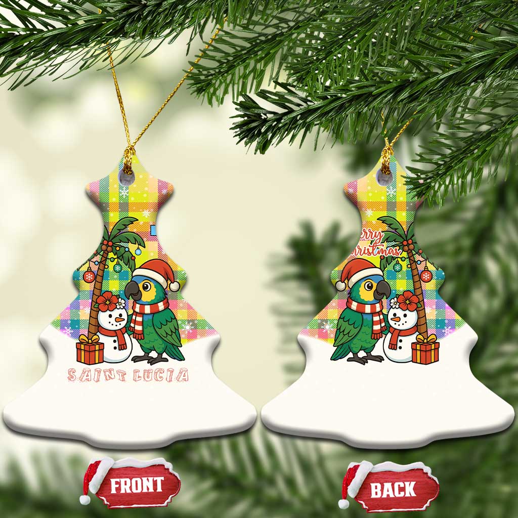 Saint Lucia Christmas Ceramic Ornament with Parrot Palm Tree Snowman and Plaid Holiday - Wonder Print Shop