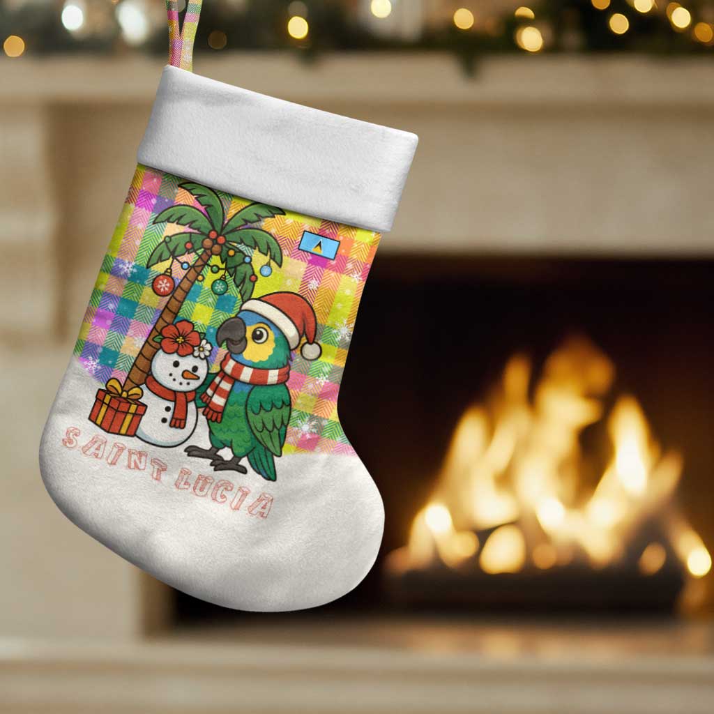 Saint Lucia Christmas Stocking with Parrot Palm Tree Snowman and Plaid Holiday - Wonder Print Shop