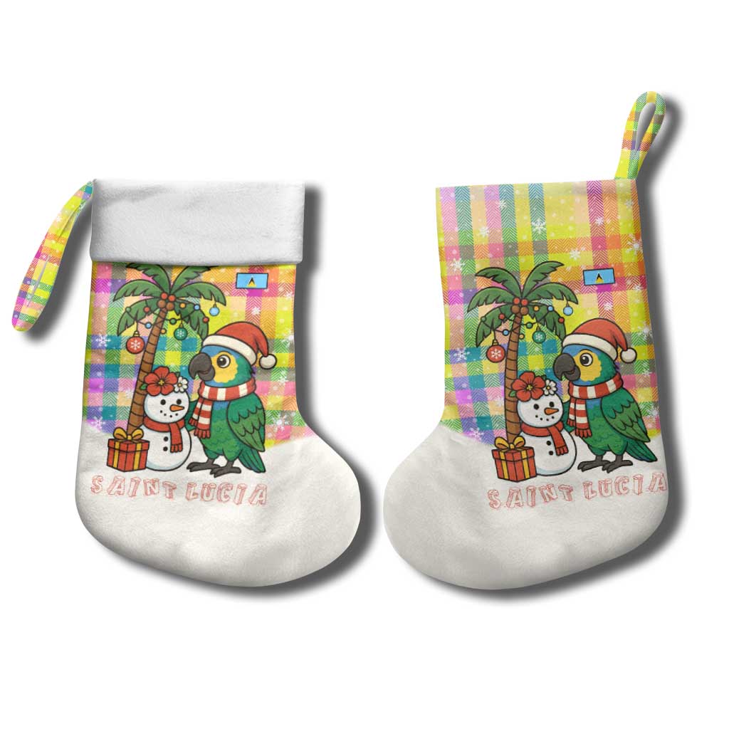 Saint Lucia Christmas Stocking with Parrot Palm Tree Snowman and Plaid Holiday - Wonder Print Shop