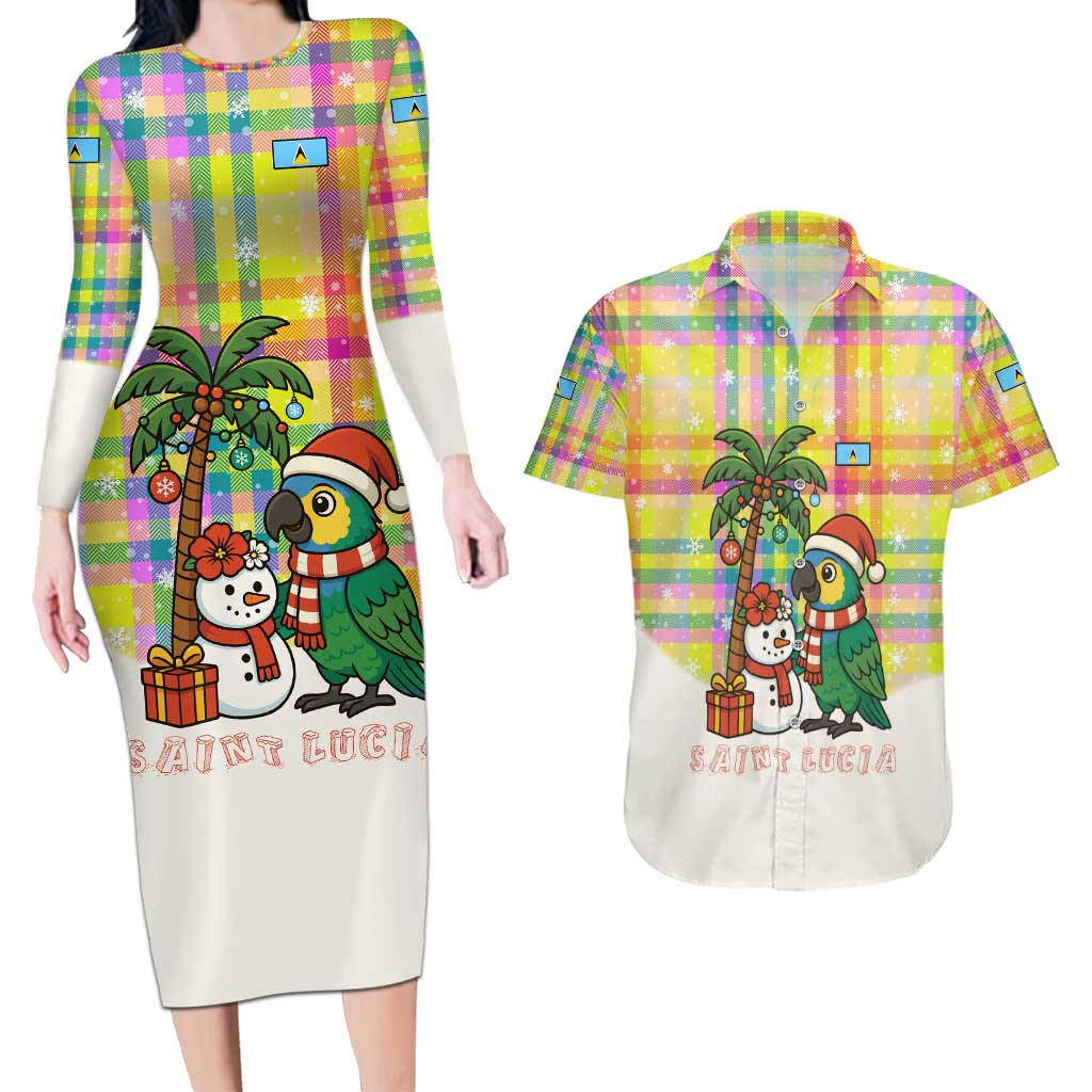 Saint Lucia Christmas Couples Matching Long Sleeve Bodycon Dress and Hawaiian Shirt with Parrot Palm Tree Snowman and Plaid Holiday - Wonder Print Shop