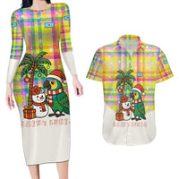 Saint Lucia Christmas Couples Matching Long Sleeve Bodycon Dress and Hawaiian Shirt with Parrot Palm Tree Snowman and Plaid Holiday - Wonder Print Shop