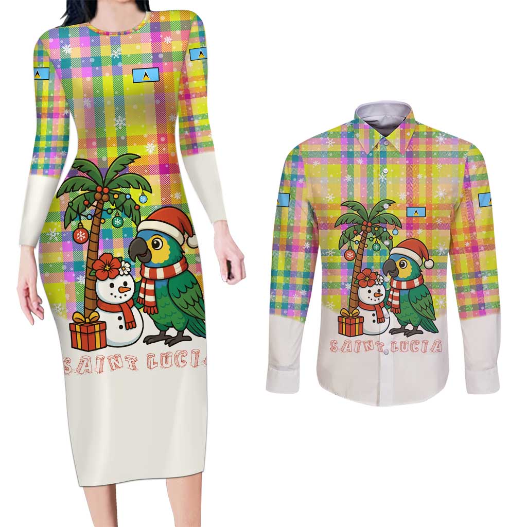 Saint Lucia Christmas Couples Matching Long Sleeve Bodycon Dress and Long Sleeve Button Shirt with Parrot Palm Tree Snowman and Plaid Holiday - Wonder Print Shop