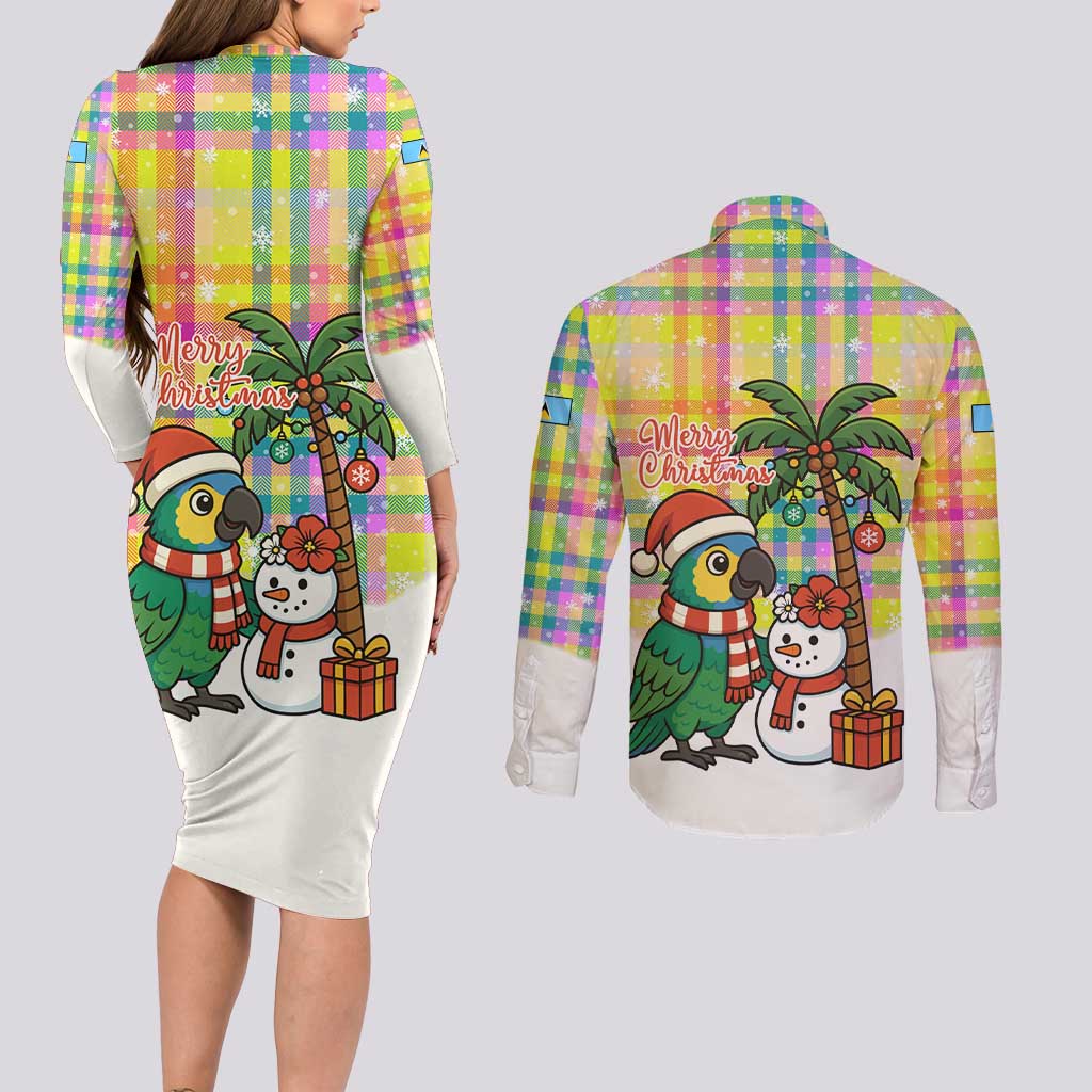 Saint Lucia Christmas Couples Matching Long Sleeve Bodycon Dress and Long Sleeve Button Shirt with Parrot Palm Tree Snowman and Plaid Holiday - Wonder Print Shop