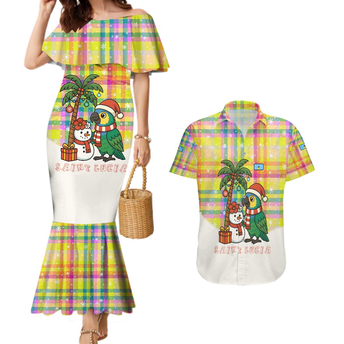 Saint Lucia Christmas Couples Matching Mermaid Dress and Hawaiian Shirt with Parrot Palm Tree Snowman and Plaid Holiday - Wonder Print Shop