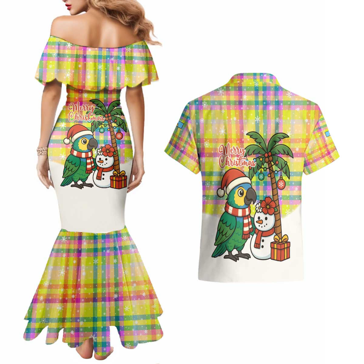 Saint Lucia Christmas Couples Matching Mermaid Dress and Hawaiian Shirt with Parrot Palm Tree Snowman and Plaid Holiday - Wonder Print Shop