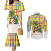 Saint Lucia Christmas Couples Matching Mermaid Dress and Long Sleeve Button Shirt with Parrot Palm Tree Snowman and Plaid Holiday - Wonder Print Shop