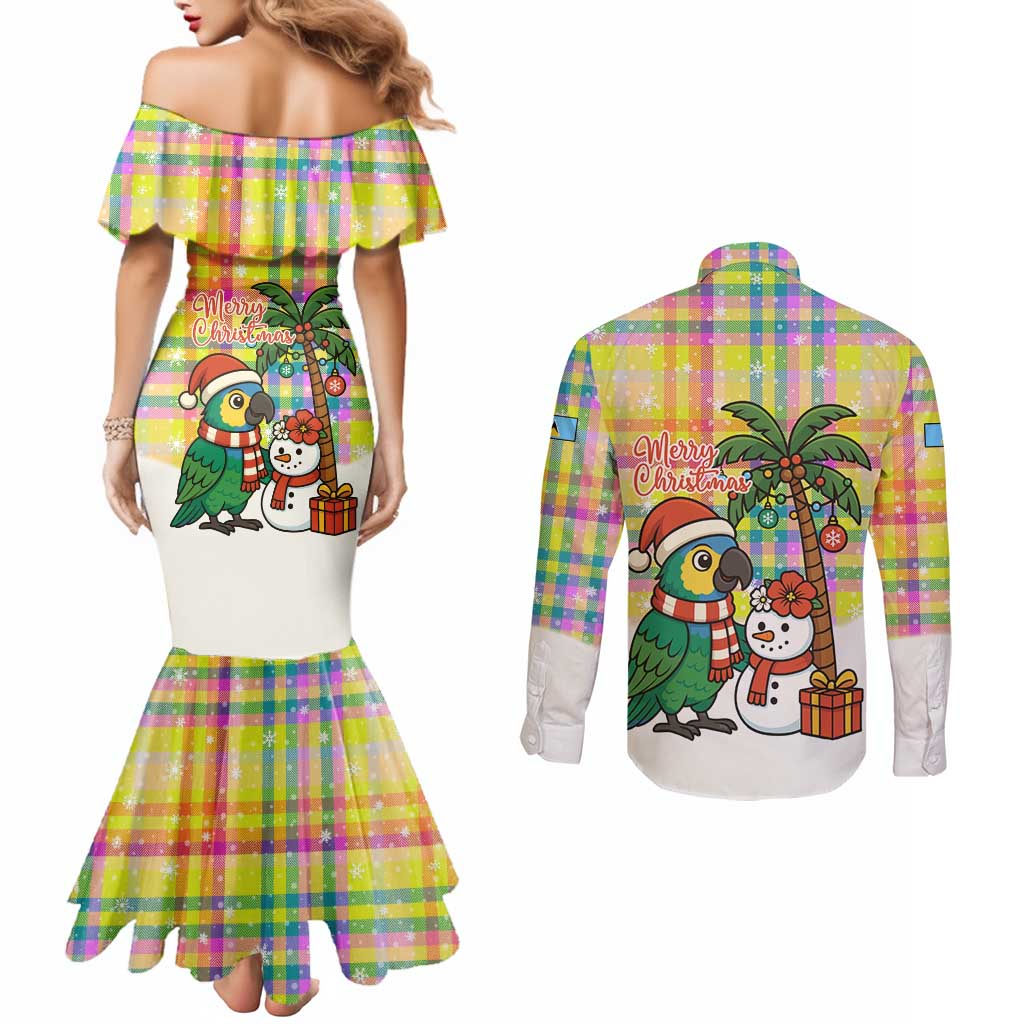 Saint Lucia Christmas Couples Matching Mermaid Dress and Long Sleeve Button Shirt with Parrot Palm Tree Snowman and Plaid Holiday - Wonder Print Shop