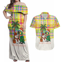 Saint Lucia Christmas Couples Matching Off Shoulder Maxi Dress and Hawaiian Shirt with Parrot Palm Tree Snowman and Plaid Holiday - Wonder Print Shop