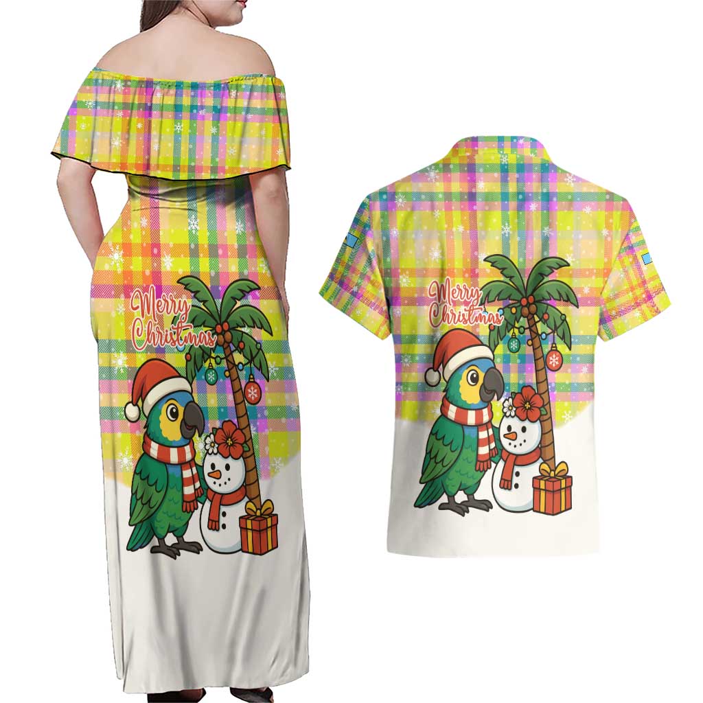Saint Lucia Christmas Couples Matching Off Shoulder Maxi Dress and Hawaiian Shirt with Parrot Palm Tree Snowman and Plaid Holiday - Wonder Print Shop