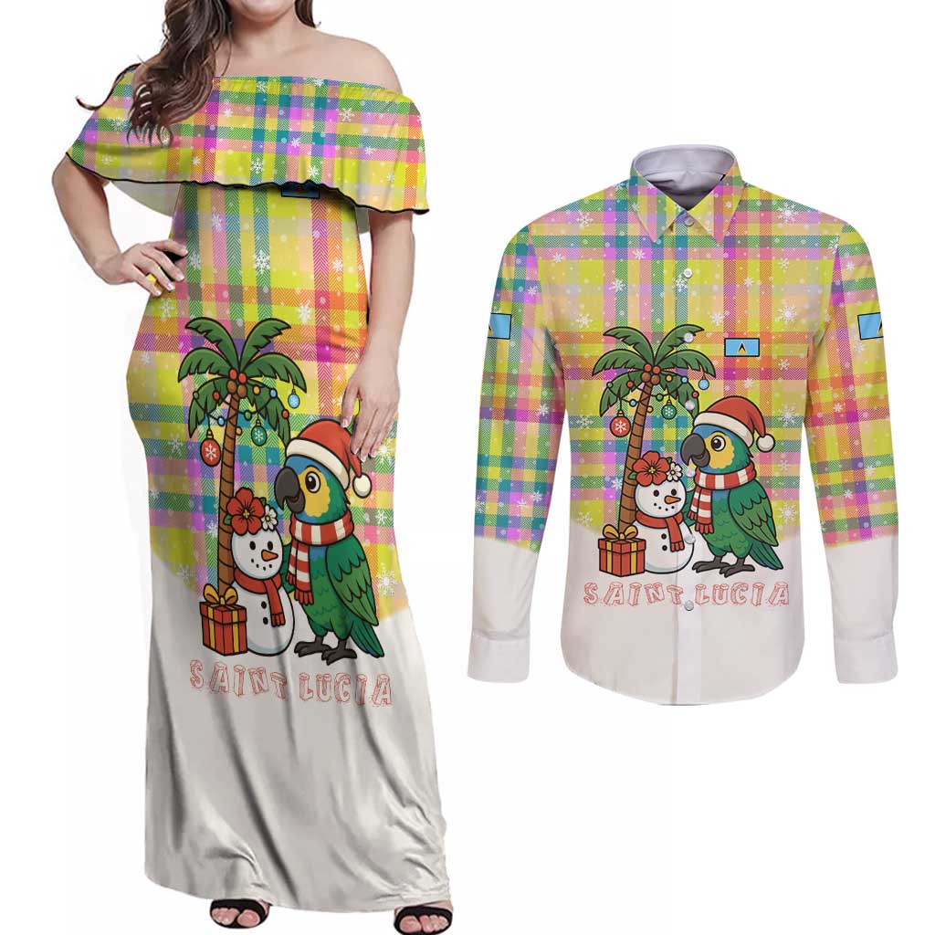 Saint Lucia Christmas Couples Matching Off Shoulder Maxi Dress and Long Sleeve Button Shirt with Parrot Palm Tree Snowman and Plaid Holiday - Wonder Print Shop