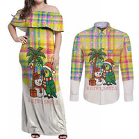 Saint Lucia Christmas Couples Matching Off Shoulder Maxi Dress and Long Sleeve Button Shirt with Parrot Palm Tree Snowman and Plaid Holiday - Wonder Print Shop