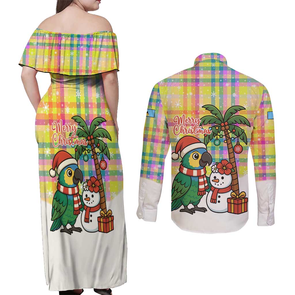 Saint Lucia Christmas Couples Matching Off Shoulder Maxi Dress and Long Sleeve Button Shirt with Parrot Palm Tree Snowman and Plaid Holiday - Wonder Print Shop