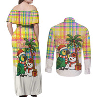 Saint Lucia Christmas Couples Matching Off Shoulder Maxi Dress and Long Sleeve Button Shirt with Parrot Palm Tree Snowman and Plaid Holiday - Wonder Print Shop