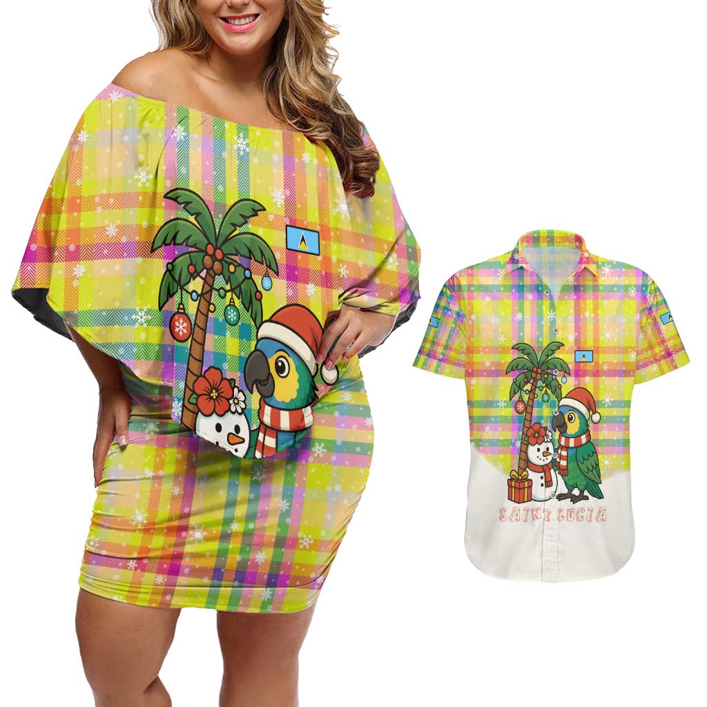 Saint Lucia Christmas Couples Matching Off Shoulder Short Dress and Hawaiian Shirt with Parrot Palm Tree Snowman and Plaid Holiday - Wonder Print Shop