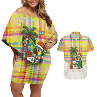 Saint Lucia Christmas Couples Matching Off Shoulder Short Dress and Hawaiian Shirt with Parrot Palm Tree Snowman and Plaid Holiday - Wonder Print Shop