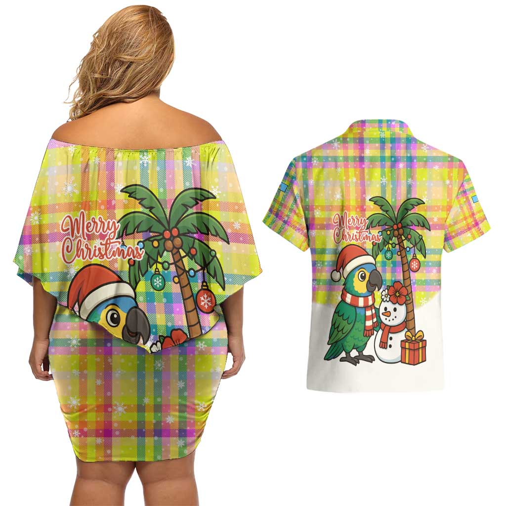 Saint Lucia Christmas Couples Matching Off Shoulder Short Dress and Hawaiian Shirt with Parrot Palm Tree Snowman and Plaid Holiday - Wonder Print Shop
