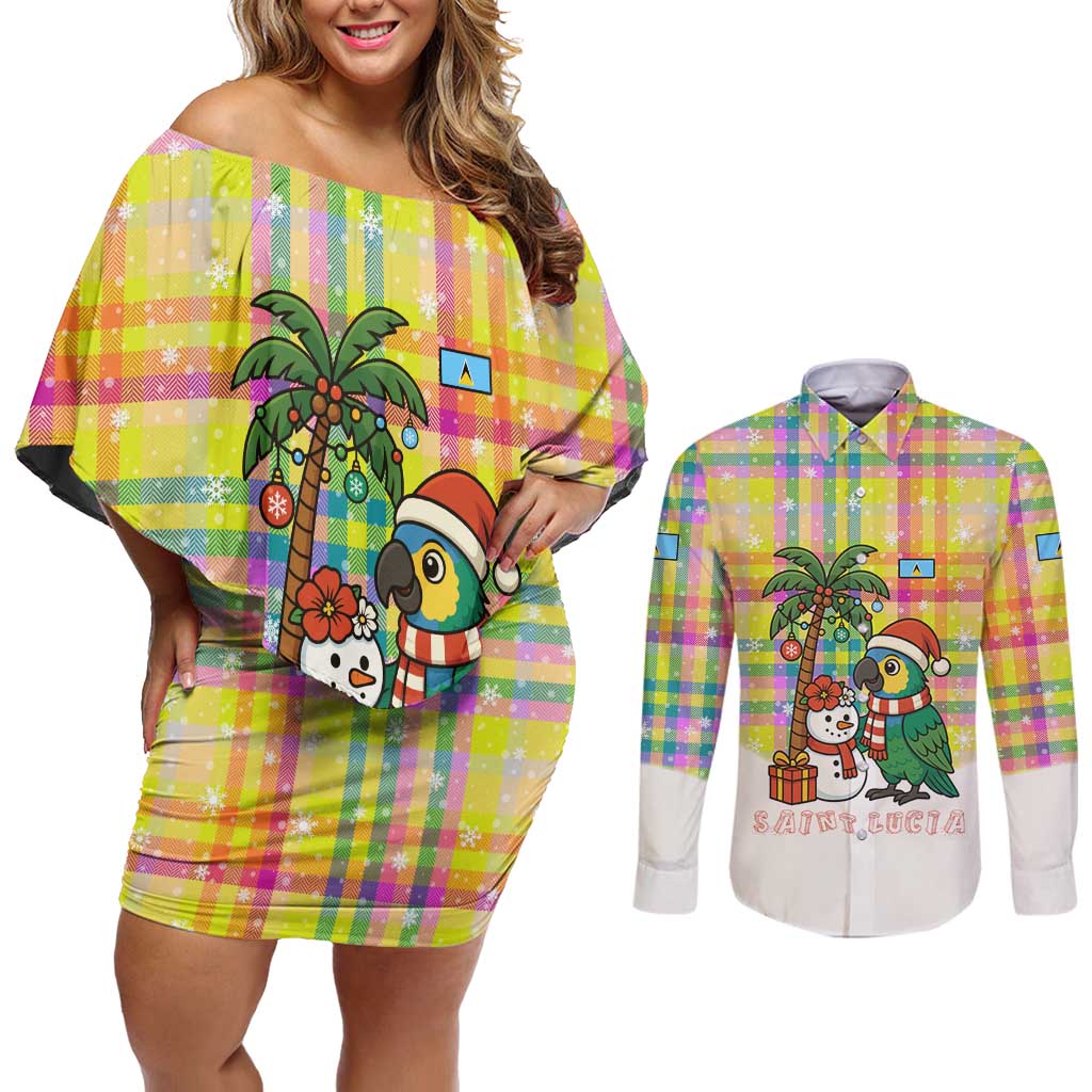 Saint Lucia Christmas Couples Matching Off Shoulder Short Dress and Long Sleeve Button Shirt with Parrot Palm Tree Snowman and Plaid Holiday - Wonder Print Shop