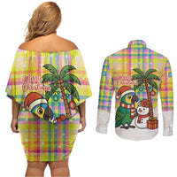 Saint Lucia Christmas Couples Matching Off Shoulder Short Dress and Long Sleeve Button Shirt with Parrot Palm Tree Snowman and Plaid Holiday - Wonder Print Shop