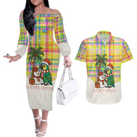 Saint Lucia Christmas Couples Matching Off The Shoulder Long Sleeve Dress and Hawaiian Shirt with Parrot Palm Tree Snowman and Plaid Holiday - Wonder Print Shop