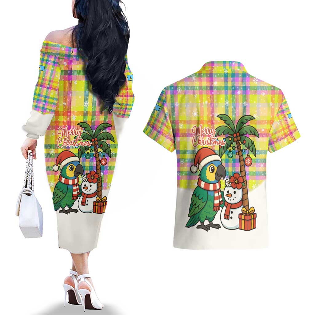 Saint Lucia Christmas Couples Matching Off The Shoulder Long Sleeve Dress and Hawaiian Shirt with Parrot Palm Tree Snowman and Plaid Holiday - Wonder Print Shop