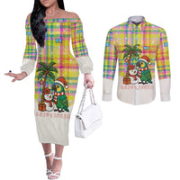 Saint Lucia Christmas Couples Matching Off The Shoulder Long Sleeve Dress and Long Sleeve Button Shirt with Parrot Palm Tree Snowman and Plaid Holiday - Wonder Print Shop