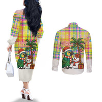 Saint Lucia Christmas Couples Matching Off The Shoulder Long Sleeve Dress and Long Sleeve Button Shirt with Parrot Palm Tree Snowman and Plaid Holiday - Wonder Print Shop