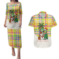 Saint Lucia Christmas Couples Matching Puletasi and Hawaiian Shirt with Parrot Palm Tree Snowman and Plaid Holiday - Wonder Print Shop