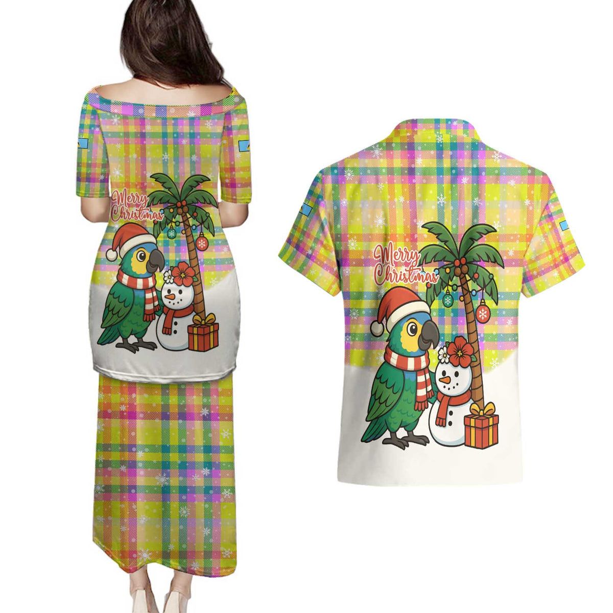 Saint Lucia Christmas Couples Matching Puletasi and Hawaiian Shirt with Parrot Palm Tree Snowman and Plaid Holiday - Wonder Print Shop