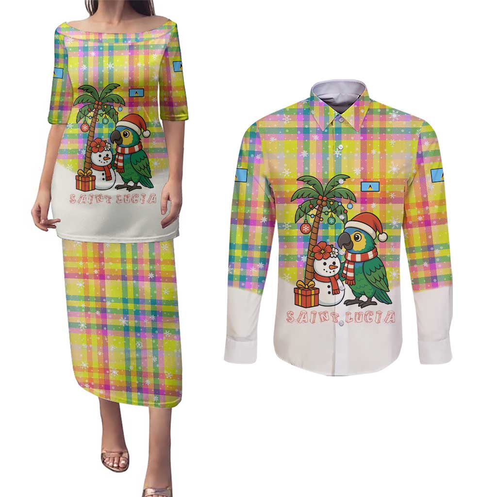 Saint Lucia Christmas Couples Matching Puletasi and Long Sleeve Button Shirt with Parrot Palm Tree Snowman and Plaid Holiday - Wonder Print Shop
