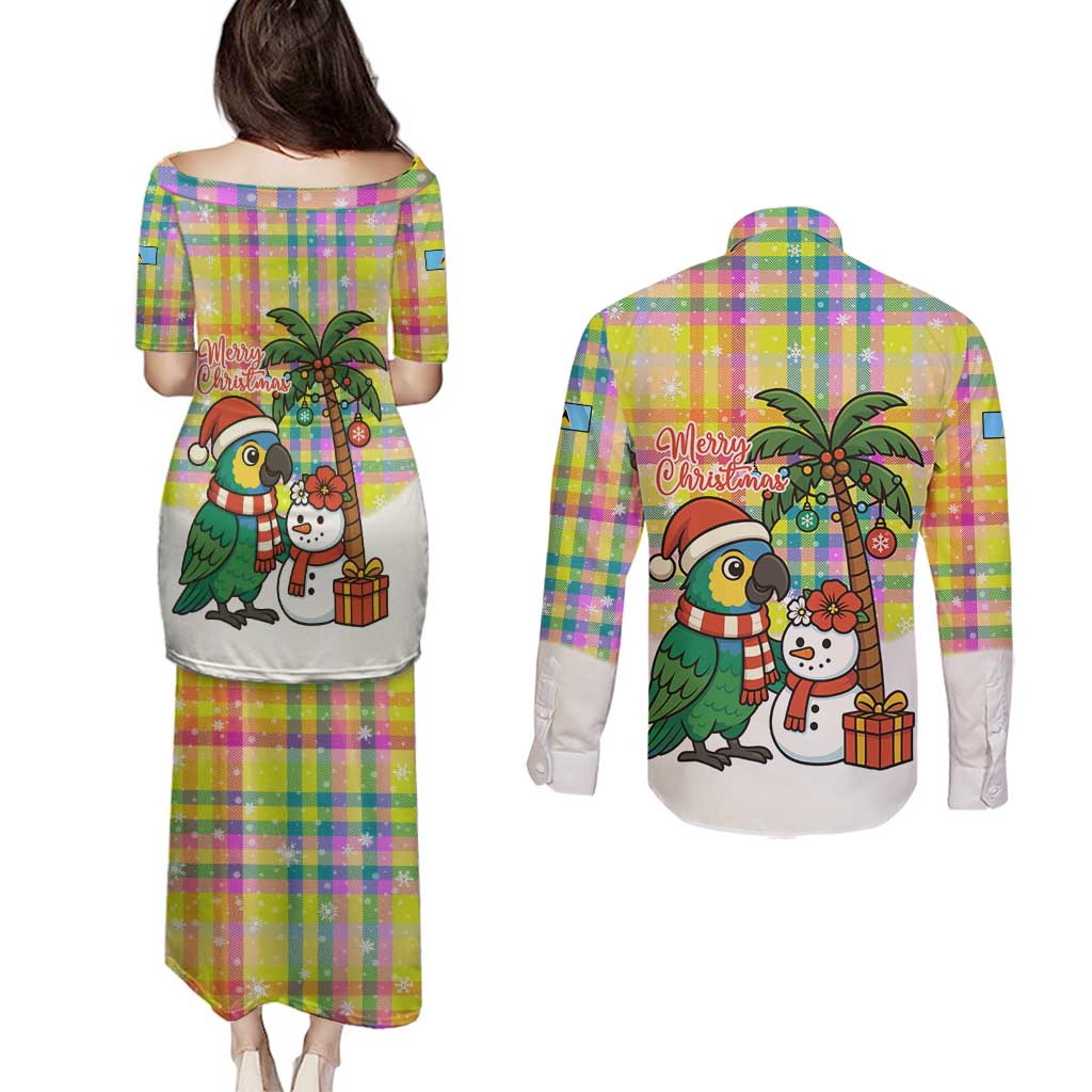 Saint Lucia Christmas Couples Matching Puletasi and Long Sleeve Button Shirt with Parrot Palm Tree Snowman and Plaid Holiday - Wonder Print Shop