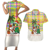 Saint Lucia Christmas Couples Matching Short Sleeve Bodycon Dress and Hawaiian Shirt with Parrot Palm Tree Snowman and Plaid Holiday - Wonder Print Shop
