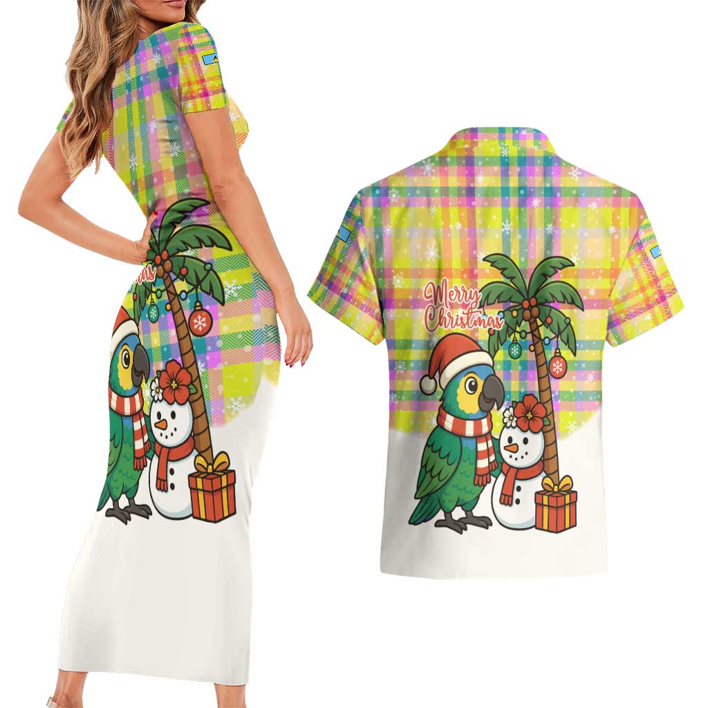 Saint Lucia Christmas Couples Matching Short Sleeve Bodycon Dress and Hawaiian Shirt with Parrot Palm Tree Snowman and Plaid Holiday - Wonder Print Shop