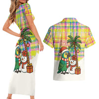 Saint Lucia Christmas Couples Matching Short Sleeve Bodycon Dress and Hawaiian Shirt with Parrot Palm Tree Snowman and Plaid Holiday - Wonder Print Shop
