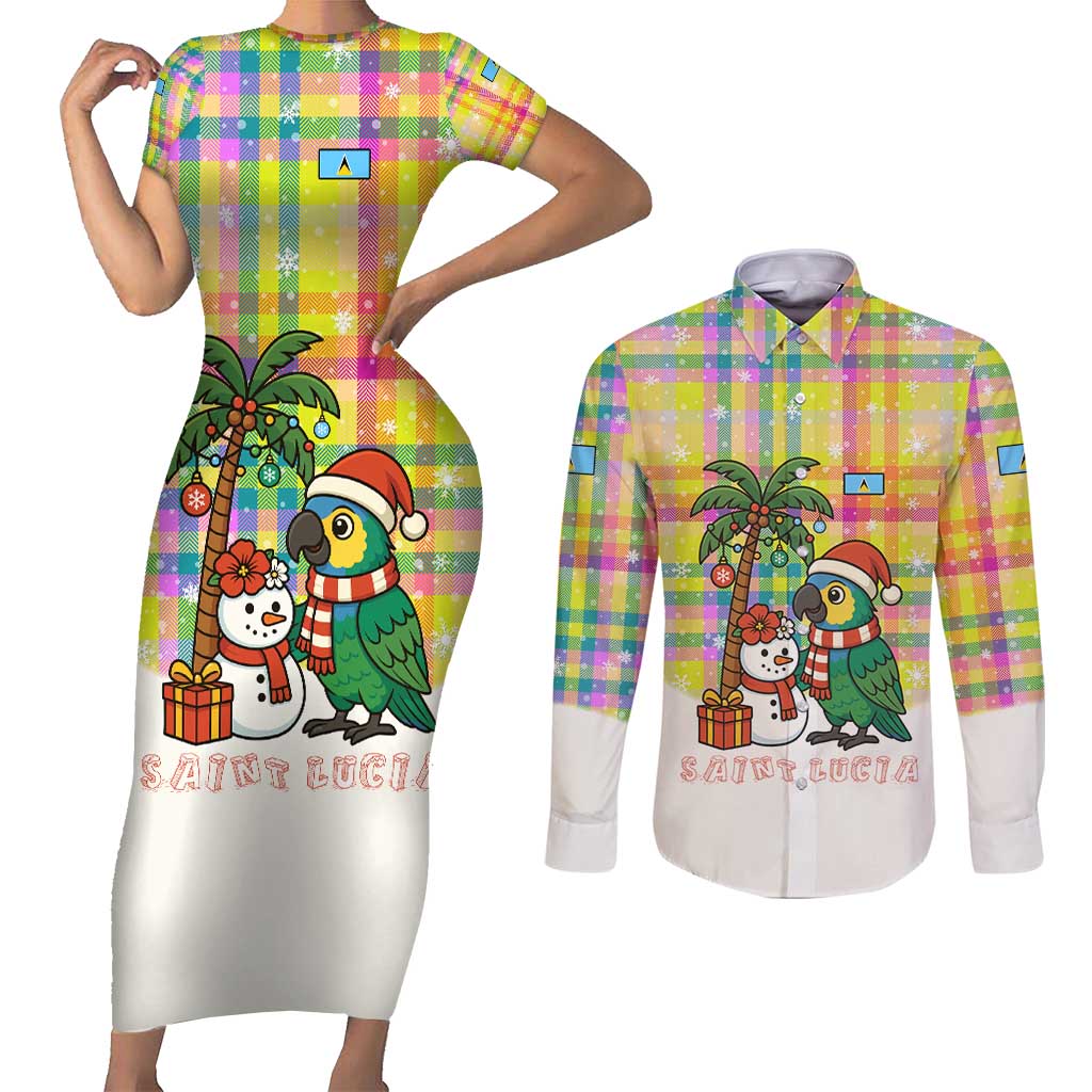 Saint Lucia Christmas Couples Matching Short Sleeve Bodycon Dress and Long Sleeve Button Shirt with Parrot Palm Tree Snowman and Plaid Holiday - Wonder Print Shop