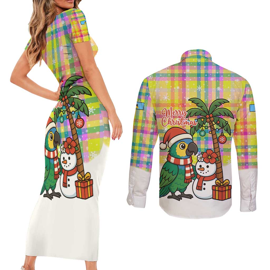 Saint Lucia Christmas Couples Matching Short Sleeve Bodycon Dress and Long Sleeve Button Shirt with Parrot Palm Tree Snowman and Plaid Holiday - Wonder Print Shop