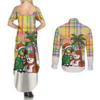 Saint Lucia Christmas Couples Matching Summer Maxi Dress and Long Sleeve Button Shirt with Parrot Palm Tree Snowman and Plaid Holiday - Wonder Print Shop