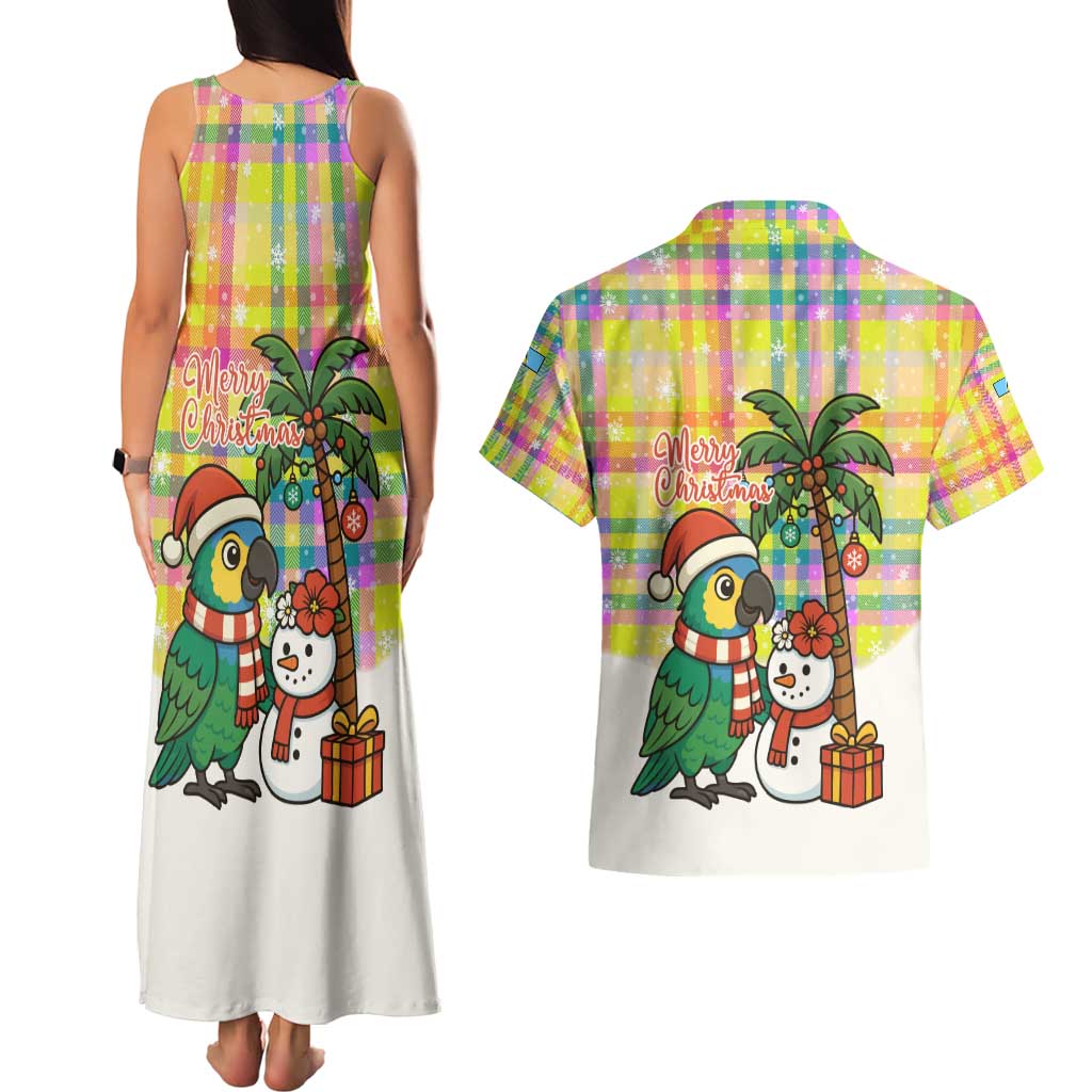 Saint Lucia Christmas Couples Matching Tank Maxi Dress and Hawaiian Shirt with Parrot Palm Tree Snowman and Plaid Holiday - Wonder Print Shop