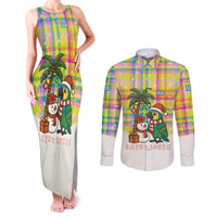 Saint Lucia Christmas Couples Matching Tank Maxi Dress and Long Sleeve Button Shirt with Parrot Palm Tree Snowman and Plaid Holiday - Wonder Print Shop
