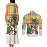 Saint Lucia Christmas Couples Matching Tank Maxi Dress and Long Sleeve Button Shirt with Parrot Palm Tree Snowman and Plaid Holiday - Wonder Print Shop