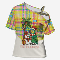 Saint Lucia Christmas Cross Shoulder Shirt with Parrot Palm Tree Snowman and Plaid Holiday - Wonder Print Shop