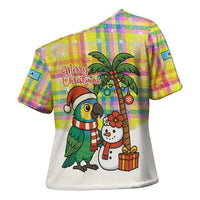 Saint Lucia Christmas Cross Shoulder Shirt with Parrot Palm Tree Snowman and Plaid Holiday - Wonder Print Shop