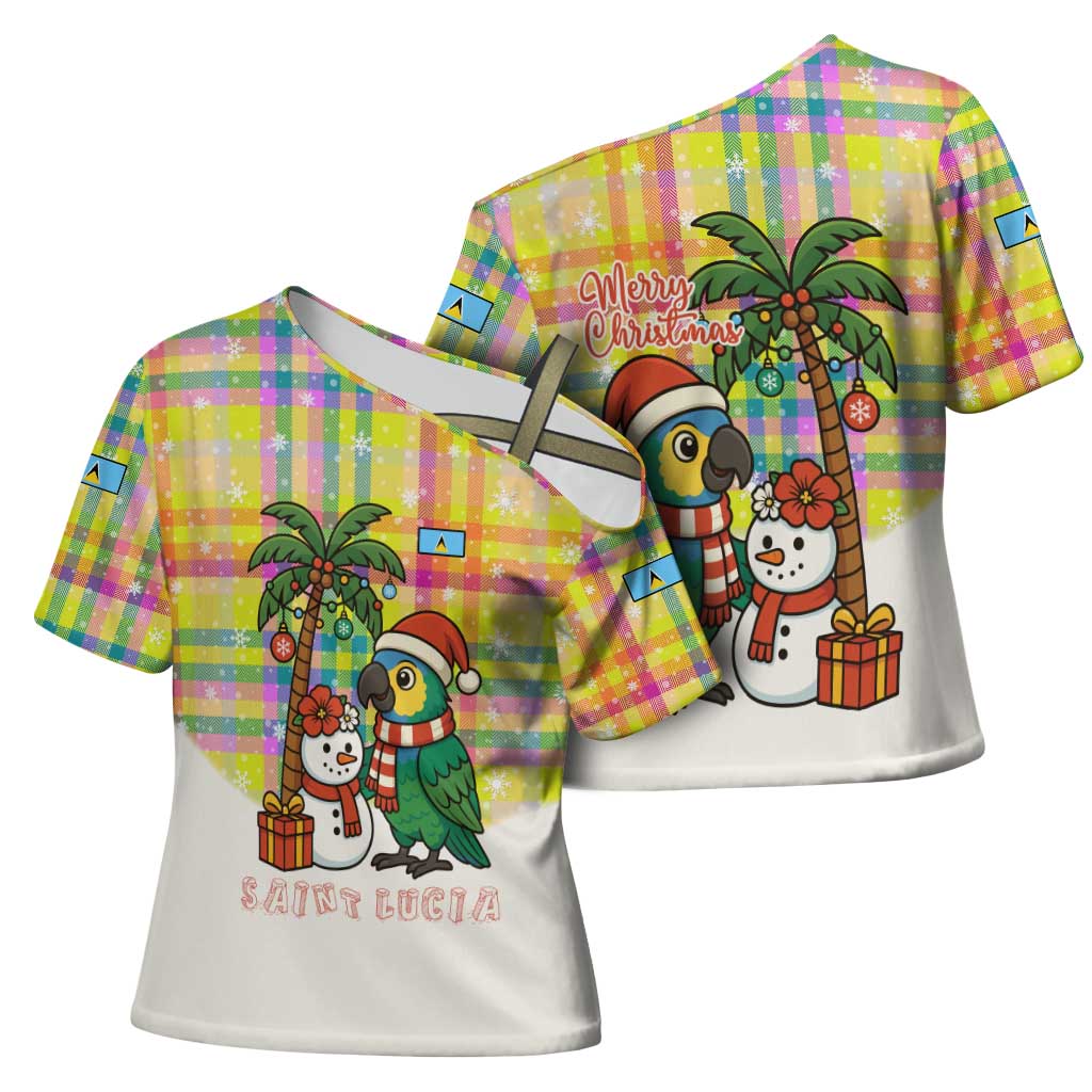 Saint Lucia Christmas Cross Shoulder Shirt with Parrot Palm Tree Snowman and Plaid Holiday - Wonder Print Shop