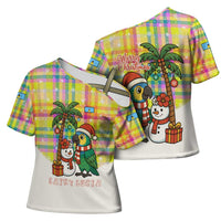 Saint Lucia Christmas Cross Shoulder Shirt with Parrot Palm Tree Snowman and Plaid Holiday - Wonder Print Shop