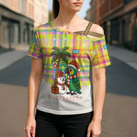 Saint Lucia Christmas Cross Shoulder Shirt with Parrot Palm Tree Snowman and Plaid Holiday - Wonder Print Shop
