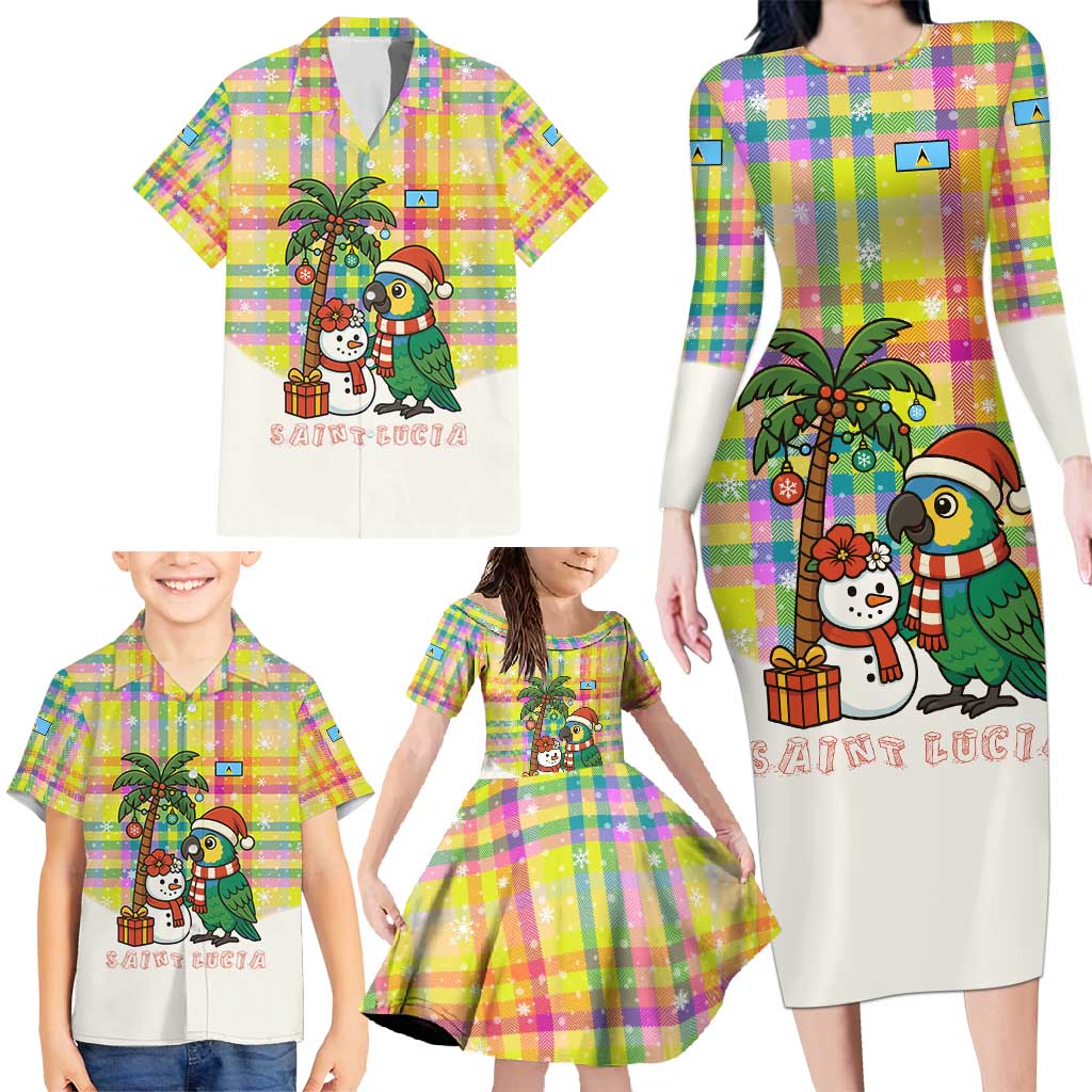 Saint Lucia Christmas Family Matching Long Sleeve Bodycon Dress and Hawaiian Shirt with Parrot Palm Tree Snowman and Plaid Holiday - Wonder Print Shop