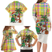 Saint Lucia Christmas Family Matching Long Sleeve Bodycon Dress and Hawaiian Shirt with Parrot Palm Tree Snowman and Plaid Holiday - Wonder Print Shop