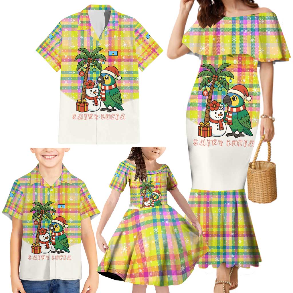 Saint Lucia Christmas Family Matching Mermaid Dress and Hawaiian Shirt with Parrot Palm Tree Snowman and Plaid Holiday - Wonder Print Shop