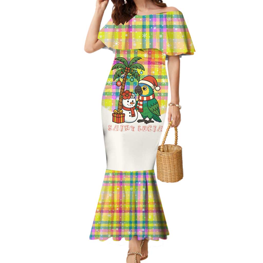 Saint Lucia Christmas Family Matching Mermaid Dress and Hawaiian Shirt with Parrot Palm Tree Snowman and Plaid Holiday - Wonder Print Shop