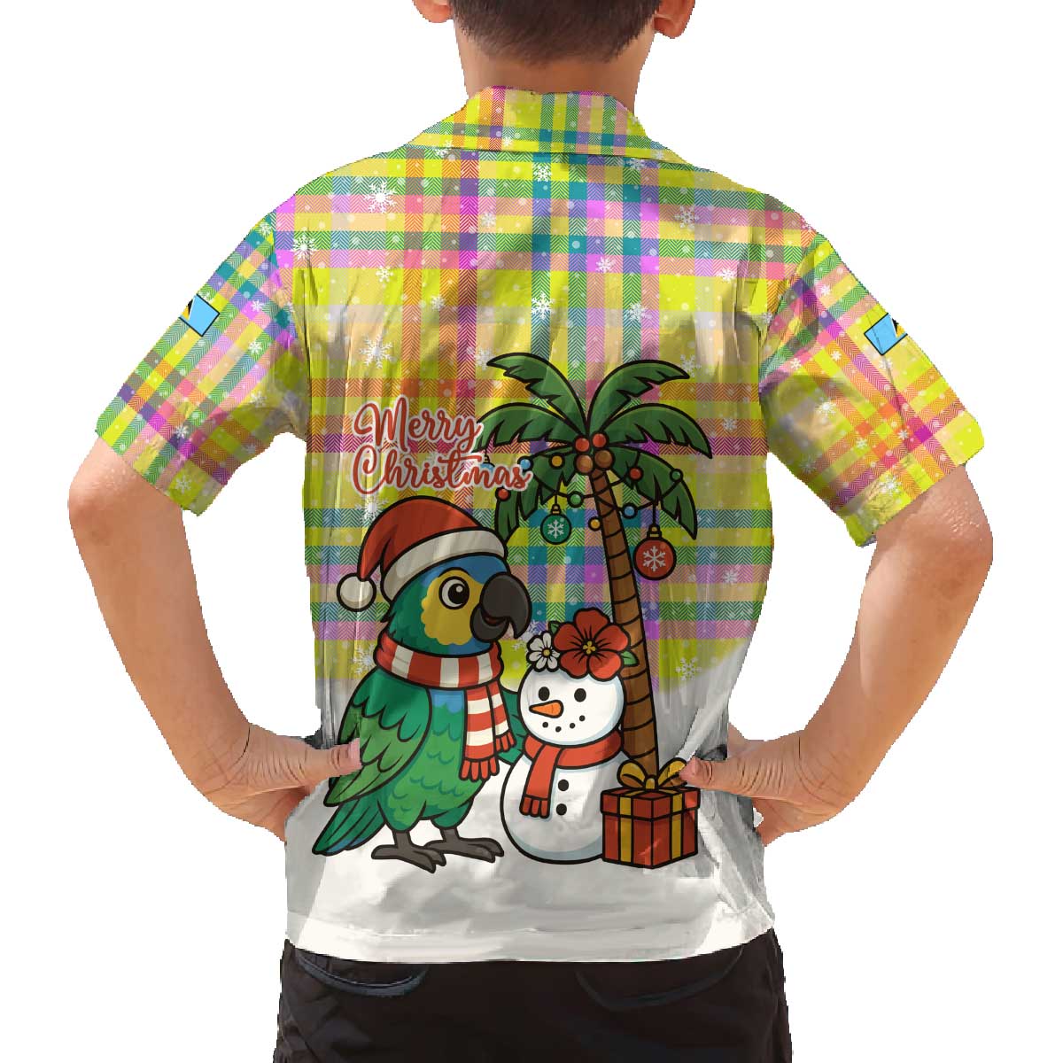 Saint Lucia Christmas Family Matching Off The Shoulder Long Sleeve Dress and Hawaiian Shirt with Parrot Palm Tree Snowman and Plaid Holiday - Wonder Print Shop