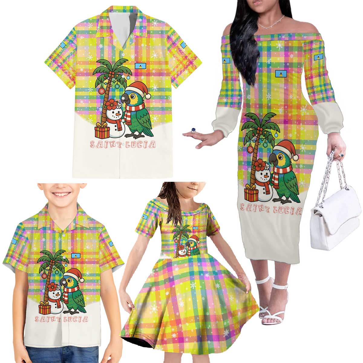 Saint Lucia Christmas Family Matching Off The Shoulder Long Sleeve Dress and Hawaiian Shirt with Parrot Palm Tree Snowman and Plaid Holiday - Wonder Print Shop
